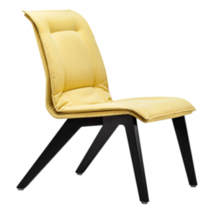 Silla lounge de diseño, cuatro patas madera, Krak amarilla