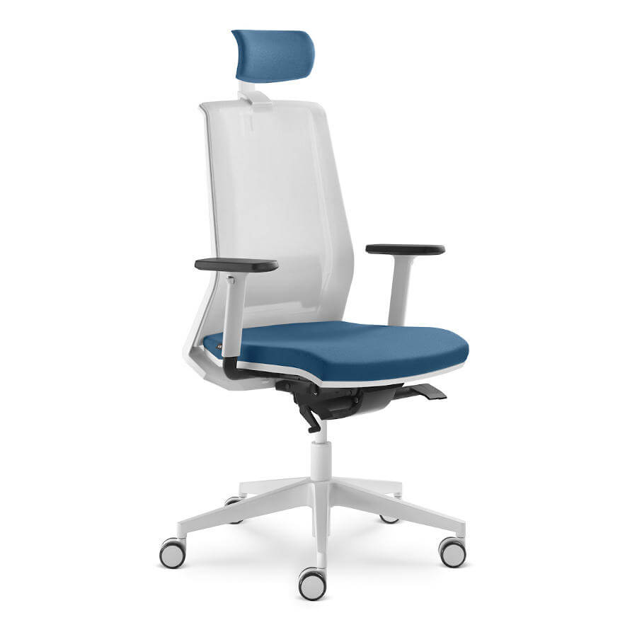 Silla oficina operativa ergonómica Look malla blanca con cabezal y asiento azul