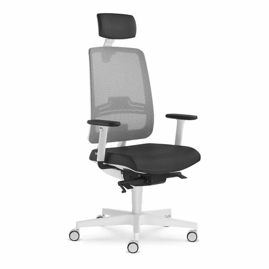 Silla oficina operativa ergonómica Swing malla blanca con reposacabezas y asiento negros